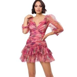 Rosevelvet Rose Velvet Pink Multi Floral Print‎ Double Ruffle Mini Dress Size 1X